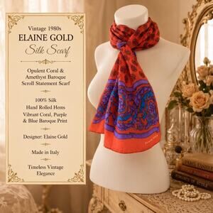 Vintage 80s Elaine Gold Silk Scarf Opulent Coral & Amethyst Baroque Scroll Scarf